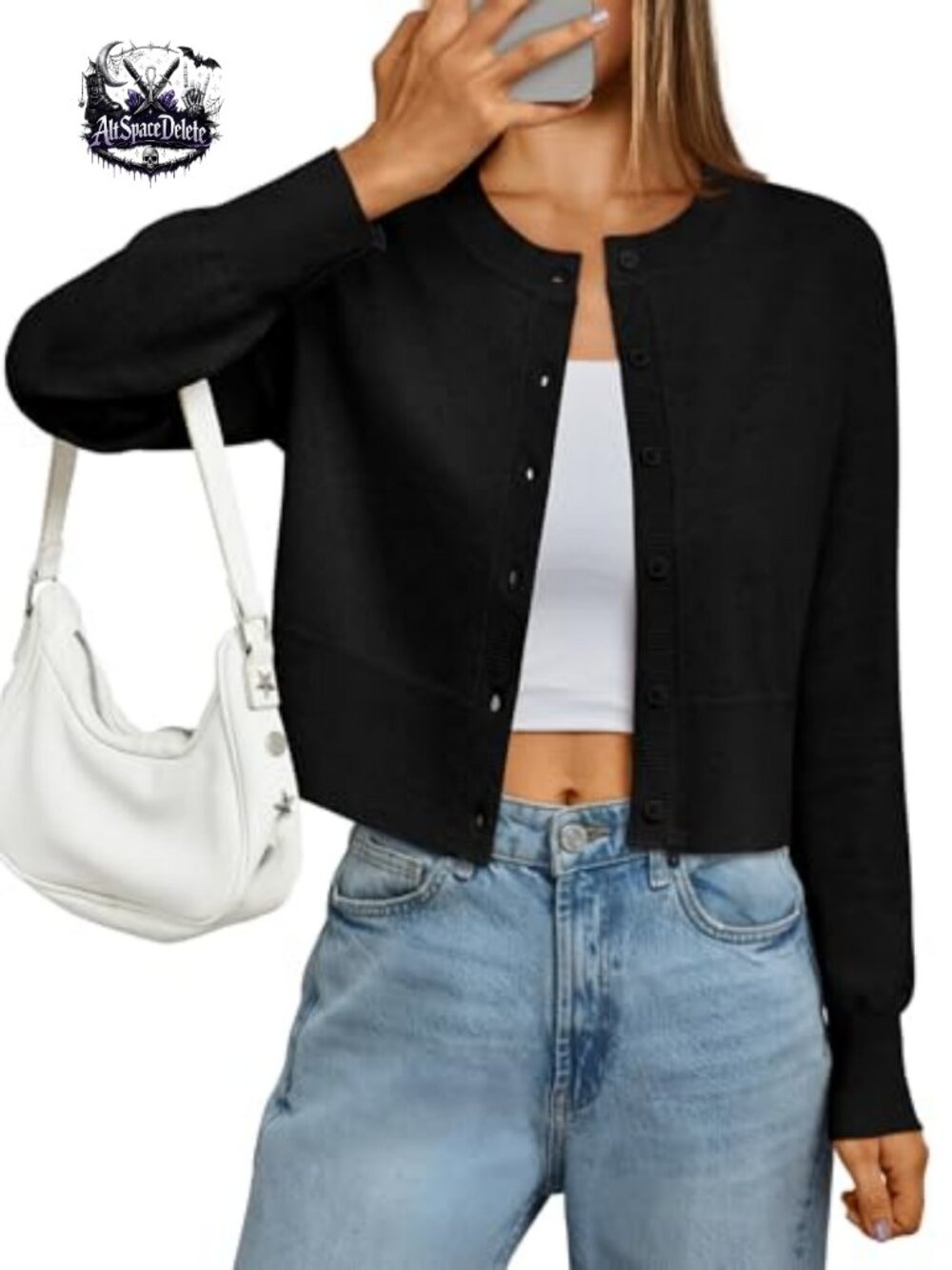 LILLUSORY Cropped Lightweight Cardigan Sweater Women Button Crew Neck